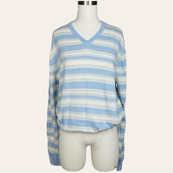 Saks Fifth Avenue Striped V Neck Knit Lightweight Silk Blend Pullover Sweater M - Picture 1 of 11
